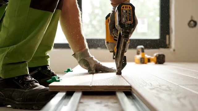 Construction worker using a nail gun to install hardwood flooring, with tile spacers and a second power tool in the background. Concept of home renovation and professional building.