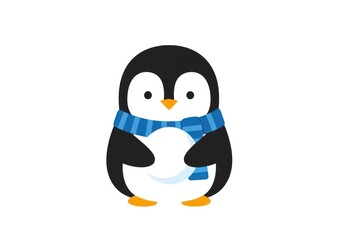 Obraz premium Cartoon penguin with blue scarf holding snowball isolated on white