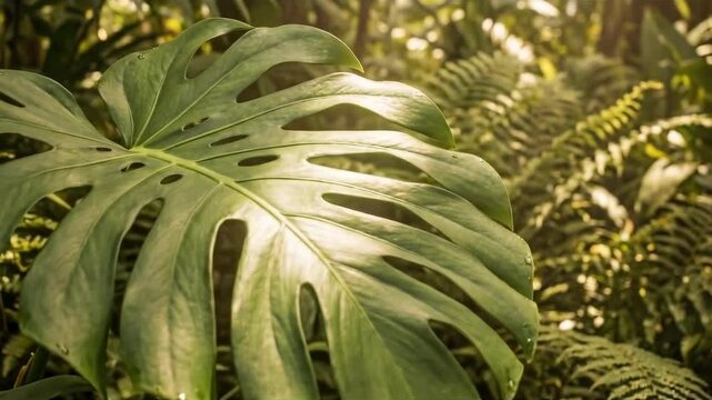 Close-up of a vibrant Monstera Deliciosa leaf, lush tropical foliage, and natural beauty. 