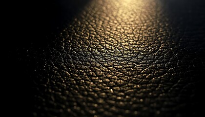 A close-up view of a textured leather surface illuminated by a beam of light