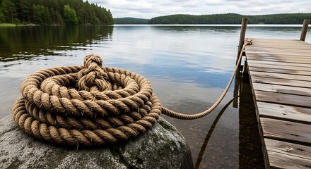 Fototapeta premium Coiled Rope on Rock by Lake with Wooden Dock and Forest Background