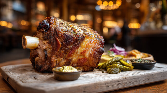 Slow-roasted pork knuckle with crispy crackling, served with pickles and mustard on a wooden platter.