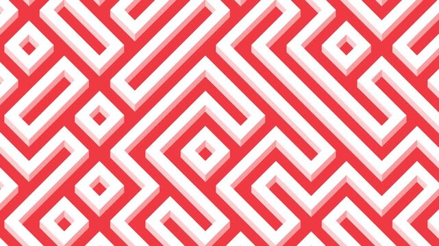 Abstract geometric red and white maze pattern moving diagonally seamless loop video background