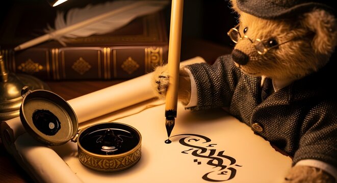 Scholarly Teddy Bear Practicing Arabic Calligraphy