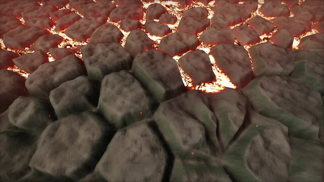 Glowing volcanic lava cracks with rocky basalt surface texture animation