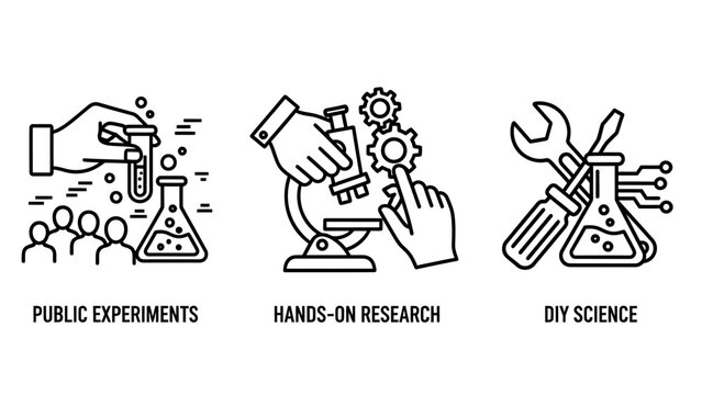 Icons depicting scientific activities: public experiments with test tubes and crowds, hands-on research with a microscope, and DIY science with tools.