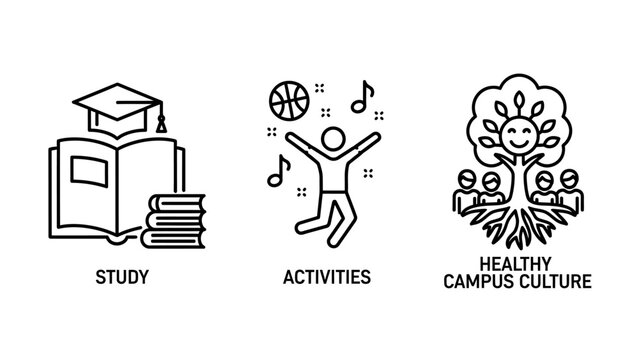 Collection of icons symbolizing education, student activities, and a healthy campus culture with a thriving tree and supportive community.