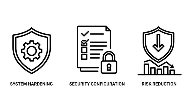 Security icons for system hardening with gear shield, security configuration checklist with lock, and risk reduction through decreasing graph.
