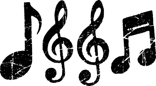 Grunge music notes and treble clefs hand drawn ink black symbols set
