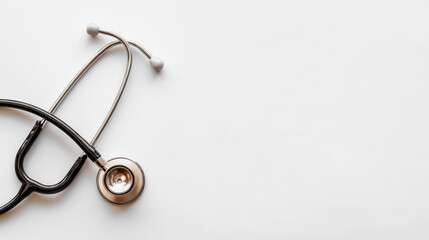 Fototapeta premium High angle view of a black medical stethoscope on a white background with ample copy space for healthcare banner, medical insurance, hospital advertisement, and wellness concept