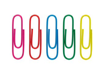 A row of colorful paper clips on a white background