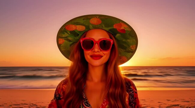 Cinematic tropical portrait with accelerated sunset sky time concept