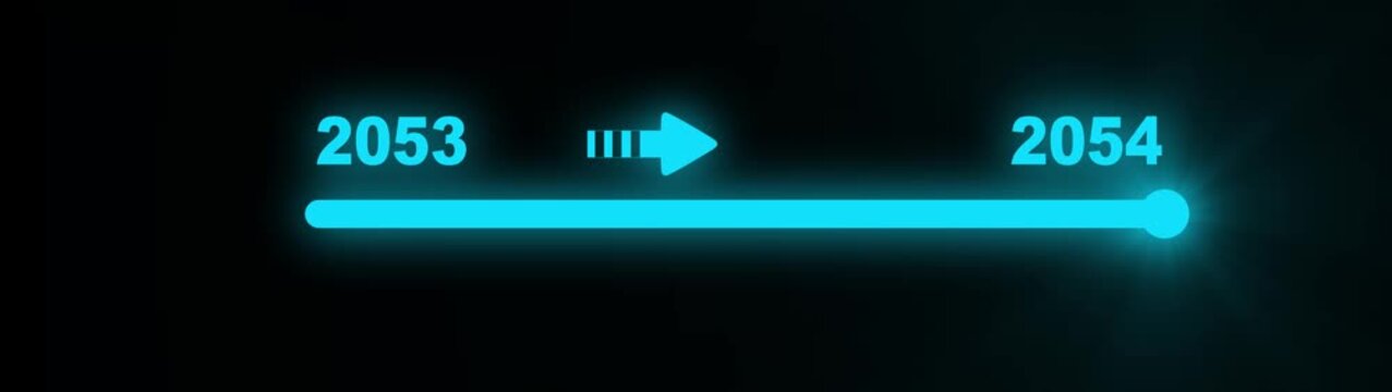 Futuristic digital slider interface displaying the transition from year 2053 to 2054 with a glowing cyan progress bar and arrow on a dark background representing future advancement and time