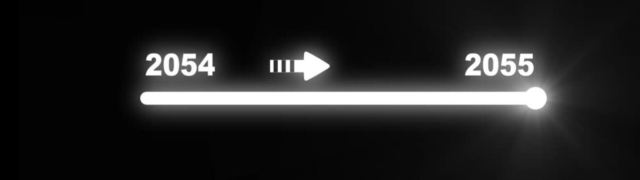 Bright white digital progress bar with years 2054 and 2055 and a forward arrow on a black background, representing time progression