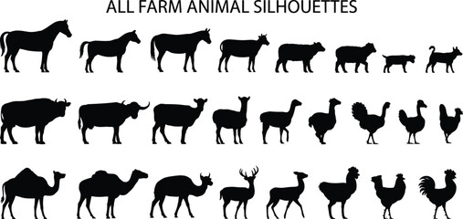 Obraz premium Collection of Black Silhouettes of Various Farm Animals and Wildlife horse sheep