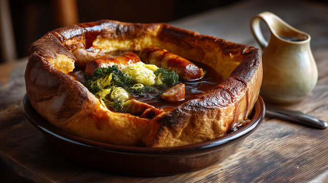 Plump caramelized sausages baked in a giant, golden Yorkshire pudding batter, served with rich onion gravy and savoy cabbage in a ceramic dish.