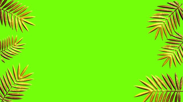golden tropical leaves corner frame on a green screen background border animation