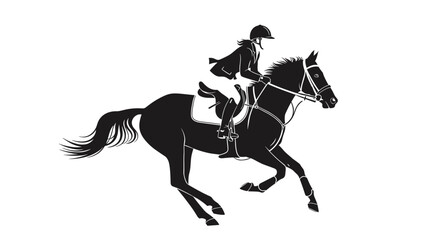 Fototapeta premium A black silhouette of a female rider sits atop a galloping horse with white outlines defining the horse features.