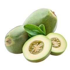 Fresh feijoa fruit whole and sliced with leaves isolated on transparent background