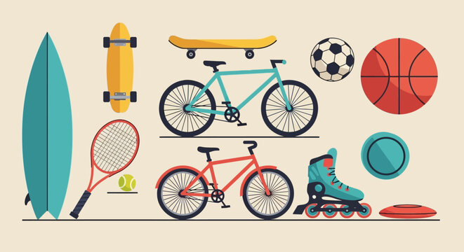 Active Lifestyle Sports Equipment Collection: Bicycles, Skateboards, Surfboard, Balls, Tennis