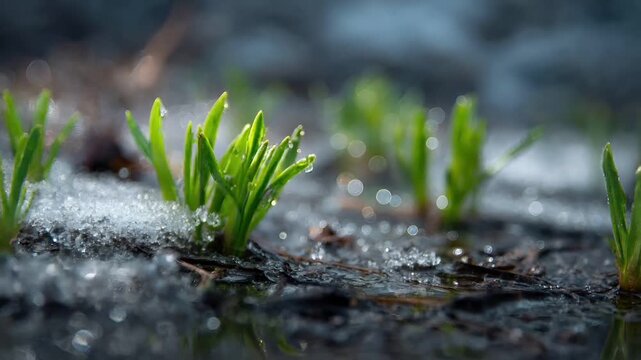 Spring snow ice thaw, end of Winter Season, hope, fresh start. A closeup of a lush green grassy field covered in snow, with water droplets glistening on its surface, set against a blurred background.