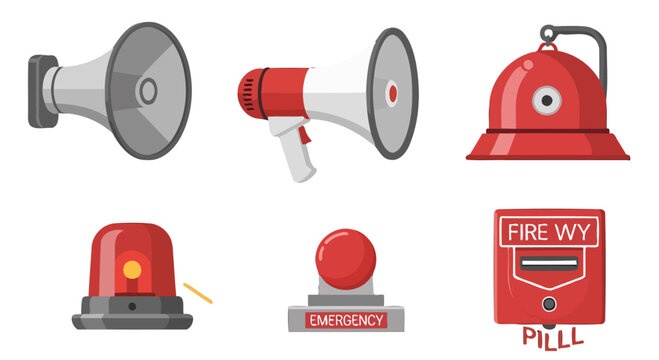 Vibrant cartoon emergency and warning system icons megaphones alarm bell flashing light and push button.