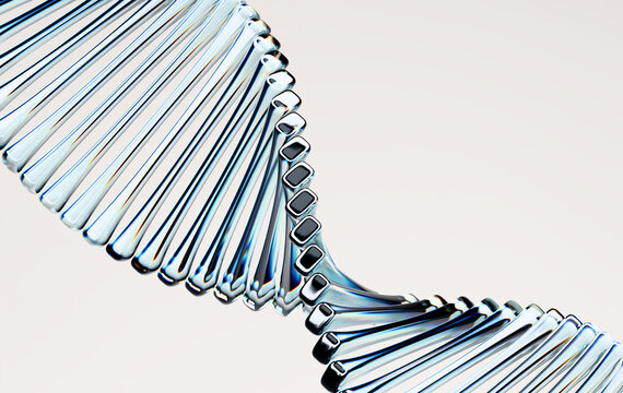 High Tech Glass DNA Double Helix Close Up with Blue Iridescent Reflections on Neutral Background