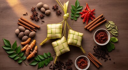 Fototapeta premium Ketupat Rice Cakes Surrounded by Spices and Herbs on a Wooden Table.