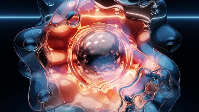 Abstract 3D render of pulsating organic liquid energy core with glossy blue and orange texture