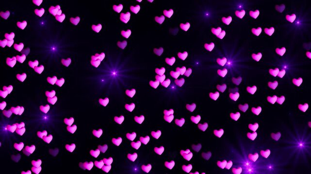 Valentine pink heart shapes and stars floating on blackground