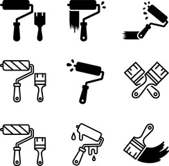 Comprehensive Vector Icon Set: Paint Rollers & Brushes for Home Renovation, DIY Projects, and Professional Painting Services &ndash; Essential Design Elements
