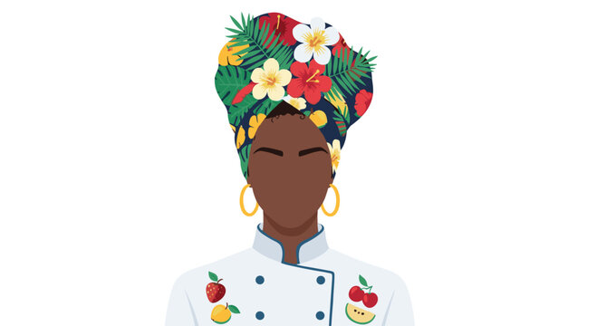 A Black woman in a white chef coat with fruit icons wears a vibrant tropical floral headwrap and gold hoop earrings.