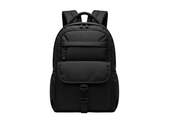 Naklejka premium A sleek black backpack with padded straps and multiple compartments for organization. isolated on transparent background