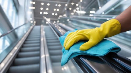 Cleaning Escalator with Yellow Gloves and Cloth
