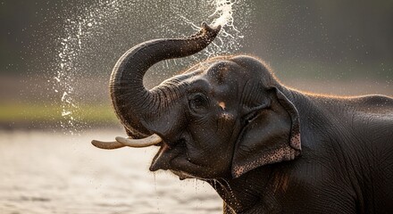 Majestic Elephant Splashing Water with its Trunk in a Serene River.