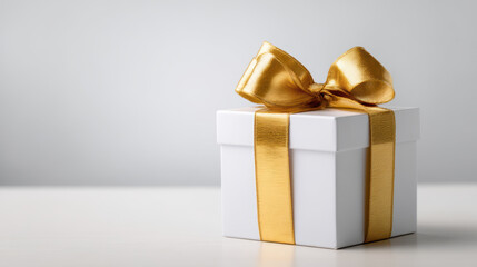 Obraz premium White gift box wrapped with shiny golden ribbon and bow on light background for national employee appreciation day celebration and gratitude