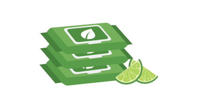 A stack of three green wet wipe packages with white leaf logos sits next to two fresh lime slices on a white background.