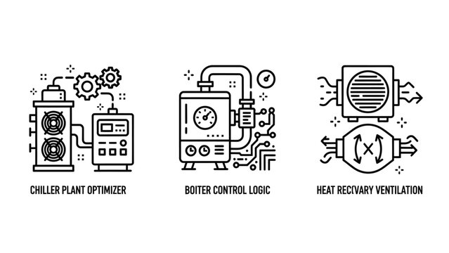 Icons illustrating industrial technology: Chiller Plant Optimizer, Boiler Control Logic, and Heat Recovery Ventilation systems.