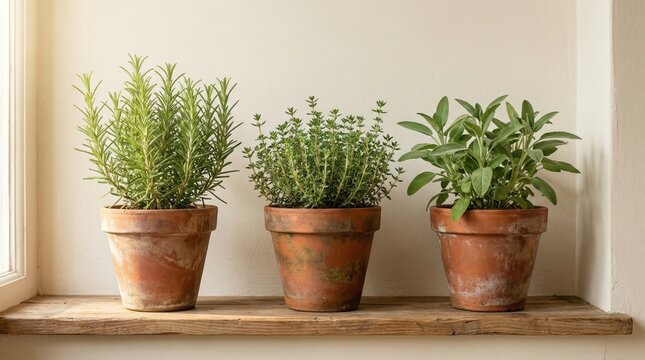Trio of potted herbs: fresh rosemary, thyme, and sage on rustic wooden shelf in sunlit room