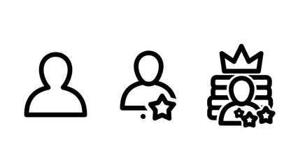 Fototapeta premium Icons showing user profile, rated user with star, and crowned user with stars and coins, representing user experience, ratings, rewards, and customer value.