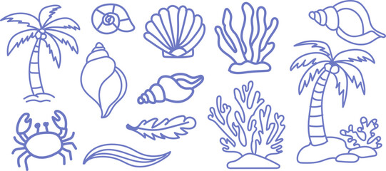 Hand drawn doodle beach for summer tropical seashell coral crab palm tree set perfect for summer designs, t-shirts, posters, and placard prints. © MDMahmudul