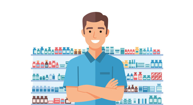A smiling male pharmacist with crossed arms stands in front of organized shelves filled with colorful medicine bottles and boxes in a pharmacy setting.