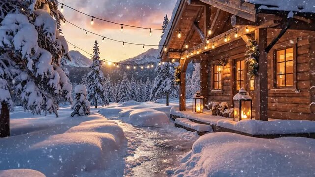 Sunlit winter cabin in snowy forest with warm lanterns and string lights