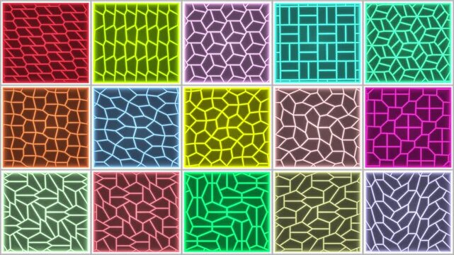 Abstract Neon Geometric Grid Video With Moving Cellular Patterns And Colorful Mosaic Tiles