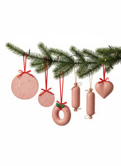 Meat and sausage christmas ornaments on spruce branch