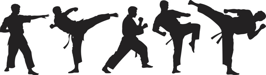 Large collection of black silhouettes featuring martial arts fighters in active poses including powerful karate kicks and defensive stances isolated on white background for sports © PAMILA