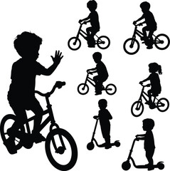 Obraz premium Large collection of black silhouettes featuring young boys and girls riding bicycles and scooters in various active poses isolated on white background for childhood activity