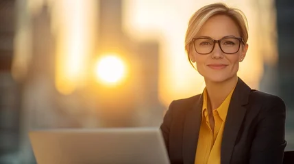 Professional Happy Business Woman with glasses Employee Working on Computer in Office. on blurred window sunrise city background Female Company Executive Using Laptop Managing Financial Project © EvgeniiasArt