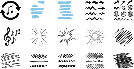 Hand drawn music notes, arrows, sunburst rays and scribbles, creative doodle design elements, organic sketch icons vector illustration graphic © Nahl