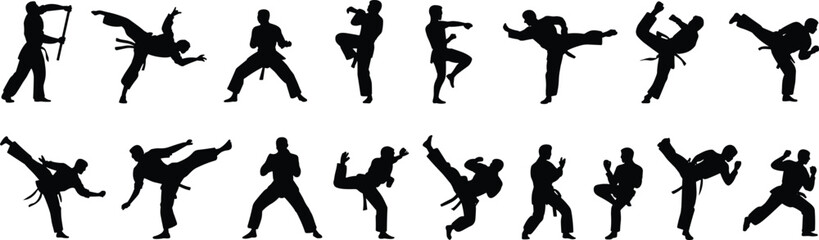 Large collection of black silhouettes featuring martial arts fighters in various active poses including karate kicks punches and defensive stances isolated on white background © PAMILA